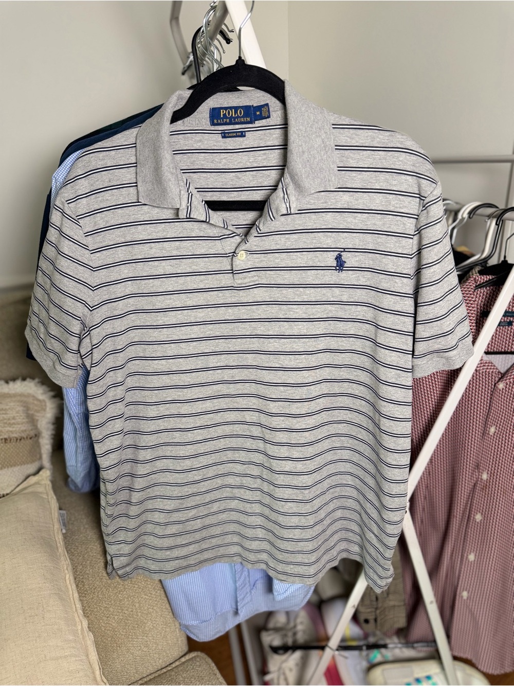 Ralph Lauren Light Gray Polo with Navy Stripes